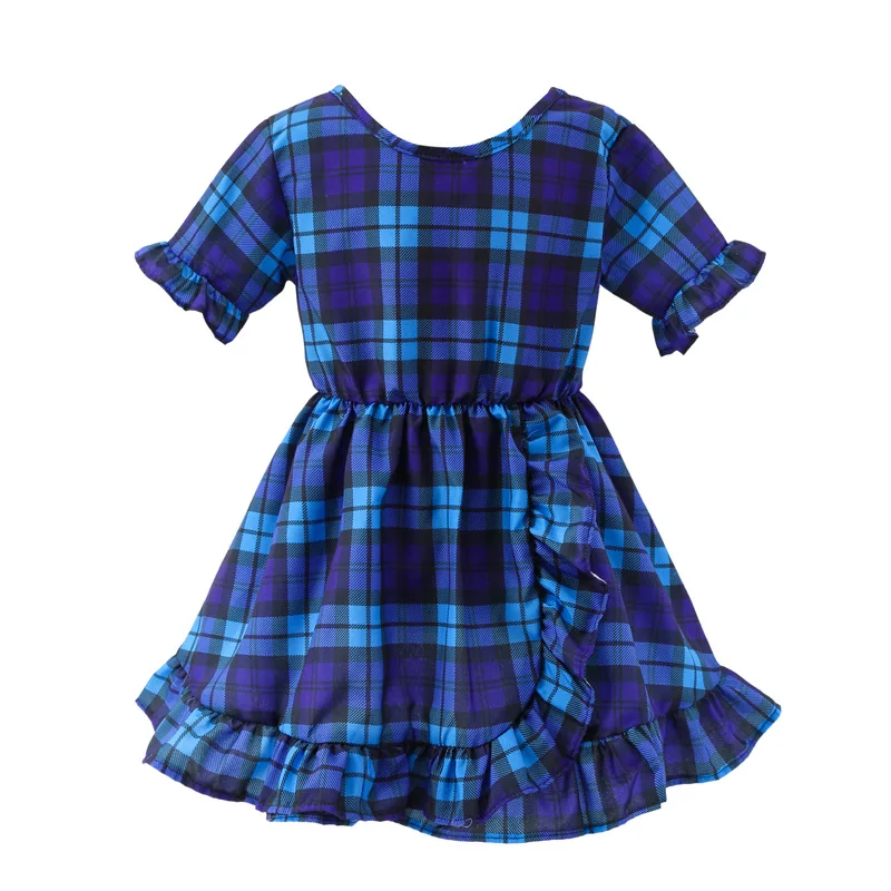 Summer Baby Girls Short-Sleeved Dot and Plaid Printed A-Line Dress Girls Clothes For 2-8 Years Old