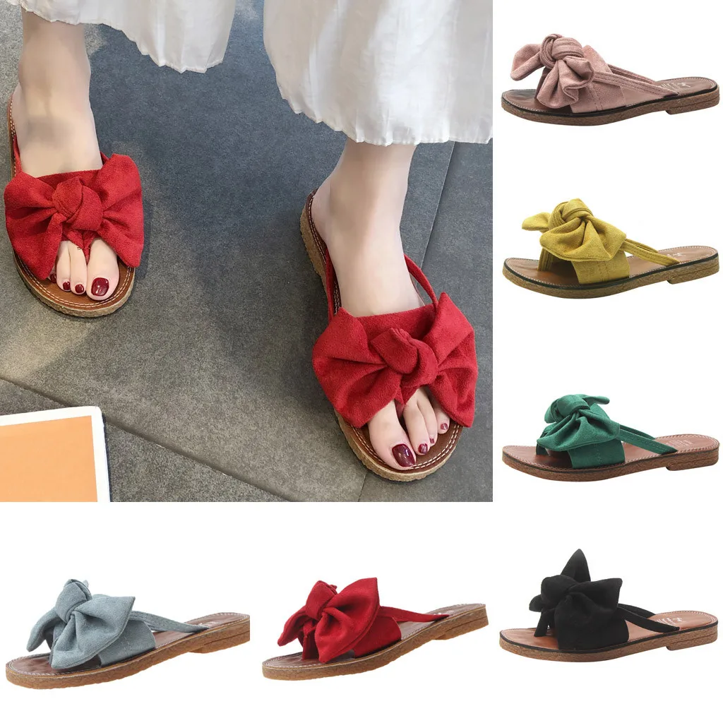 

Summer Women Shoes Fashion Solid Color Bow мюл Tie Flat Heel Sandals Slipper Rome Beach Shoes flat Sandals zapatos de mujer %40