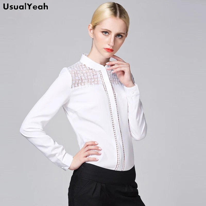 UsualYeah  New Women Fashion OL Body Blouse Shirt Long Sleeve White Lace Workwear blusas femininas S-XXL SY0327 2