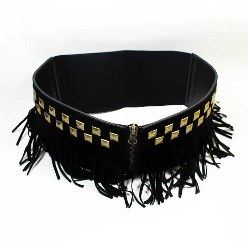 LITTOX Women Fringe Belt Tassel Faux Leather Women Belt Copper Zipper