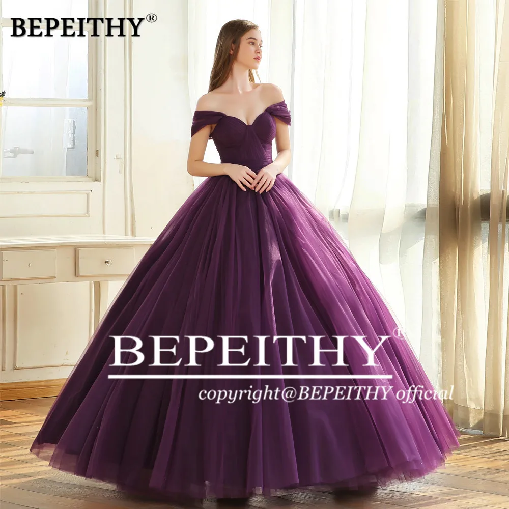 BEPEITHY Off The Shoulder Ball Gown Long Evening Dress Party Elegant 2022 Robe De Soiree Purple Princess Prom Dresses Sleeveless evening gowns for women