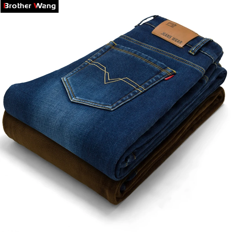 

Brother Wang New winter male Brand jeans Fashion Slim warm denim trousers thickening Business casual jeans men 40 42