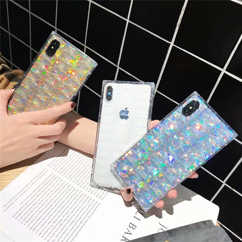 

Luxury Laser 3D Diamond Pattern Soft Phone Cases For iPhone 7 8 Plus 10 X XS XR Max 6 6S Plus Glitter Bling Glossy Back Cover