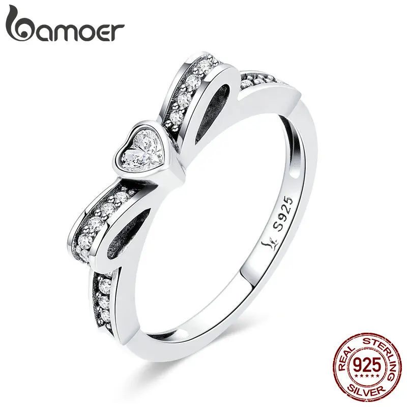 

BAMOER 100% 925 Sterling Silver Lovely Bowknot Clear CZ Heart Shape Finger Ring for Women Wedding Engagement Jewelry SCR373