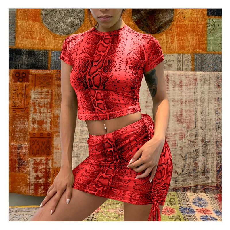 

New Two Piece Set Fashion Women's O Neck Short Sleeve Crop Tops Drap Mini Skirt Sexy Snake Print Set Club Party Wear Summer