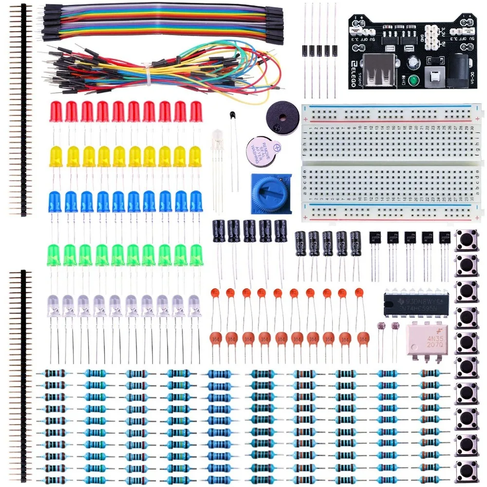 

Electronic Fun Kit Bundle with Breadboard Cable Resistor, Capacitor, LED, Potentiometer (235 Items) with plastic box