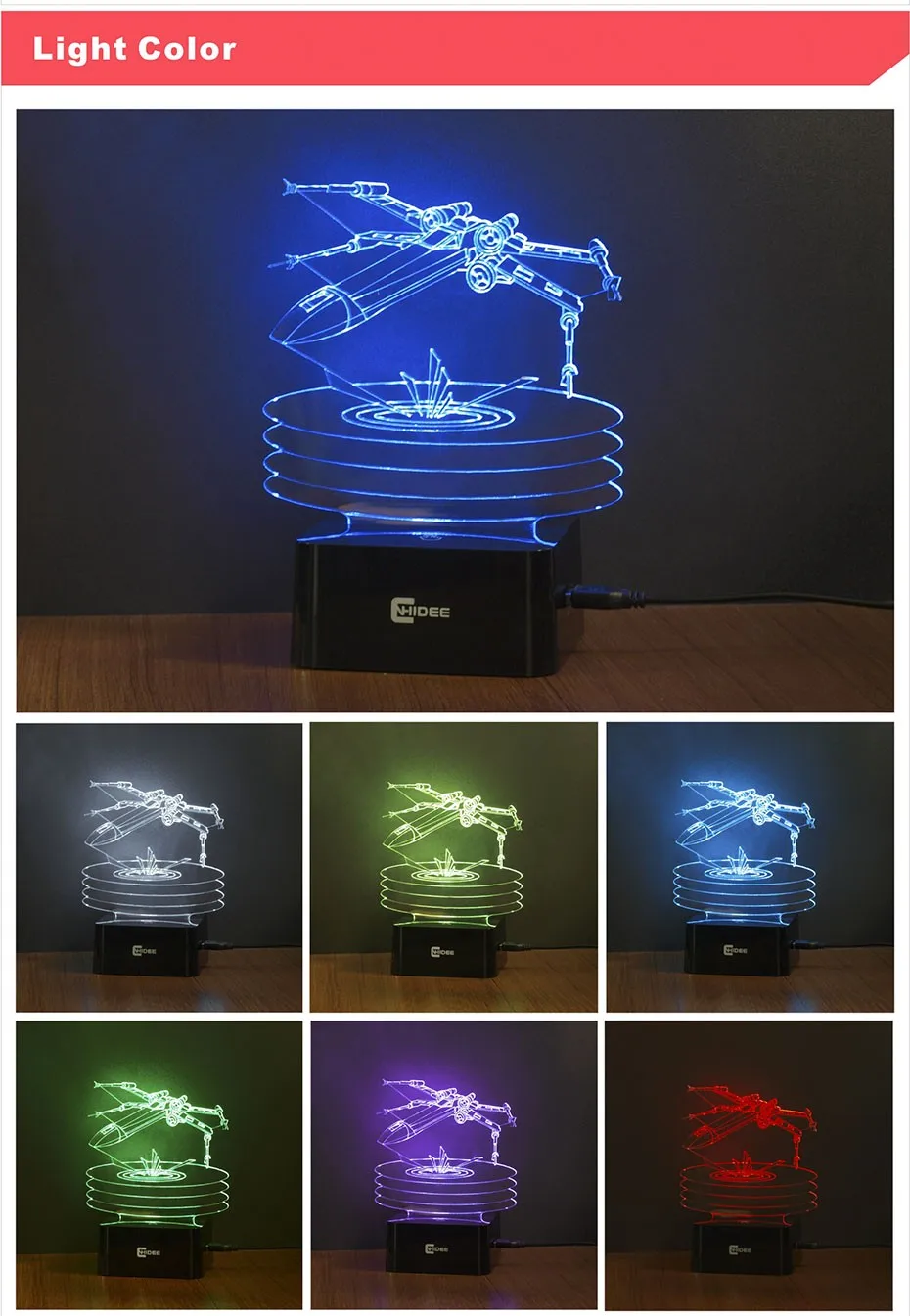 X-Wing Fighter Star Wars Night Lamp 3D Vision Led Nightlights USB Desk Lampara 7 Colors Changing Touch Sensor Luz de Nochev (3)