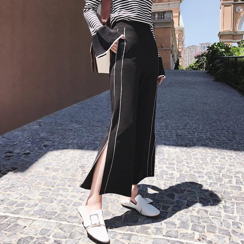 Black Wide Leg Split Women Pants High Waist Elegant Side Stripe Pocket Straight Lady Trousers 2018 Autumn Fashion Clothes Female