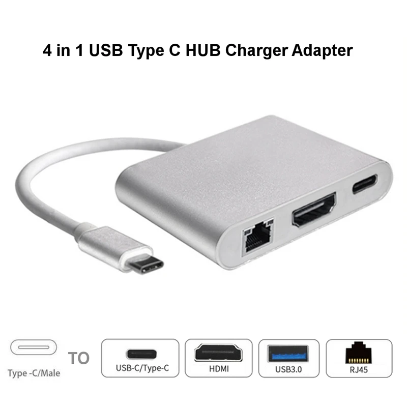 

Portable 4 In1 USB Type-C 4K/2K HDMI RJ45 Hub PD Charger Converter Lan Adapter External USB-C Type-C Network Card USB Ethernet