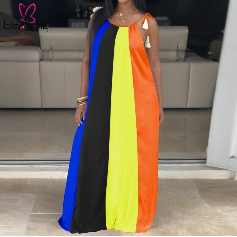 

Plus Size 3xl Striped Print Maxi Dress Women Spaghetti Strap Backless Loose Robe Longue Femme Dresses Summer Beach Sundress