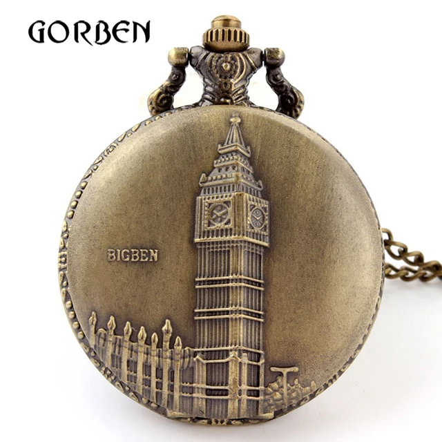 Retro Antique Bronze Pocket Watch Big Ben London Quartz Necklace Chain Pendant F Retro Antique Bronze Pocket Watch Big Ben London Quartz Necklace Chain Pendant F