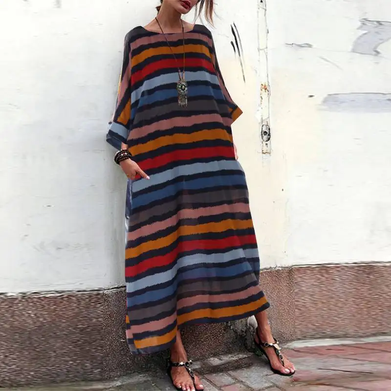 ZANZEA женское платье макси размера плюс длинное Vestidos женское платье с принтом s богемное платье в полоску летний сарафан платье для пляжной вечеринки - Цвет: 961 Red