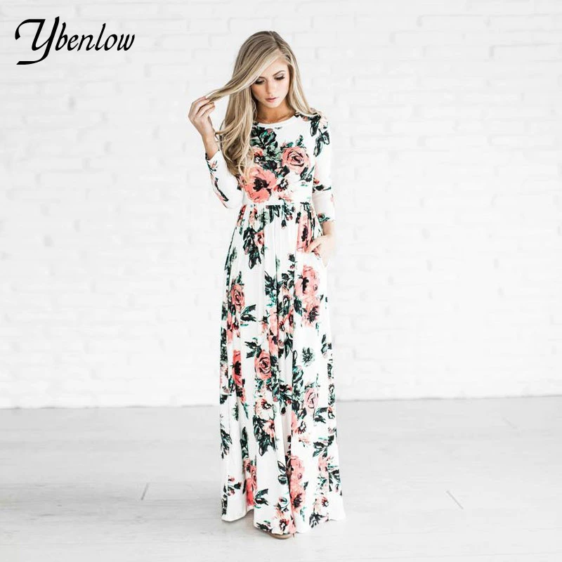 Ybenlow 2017 Vestidos Largos Moda Vestido Maxi Impreso O cuello de Manga Cuartos Flor Piso longitud Vestido de Verano|print dress|maxi dresssummer dress - AliExpress