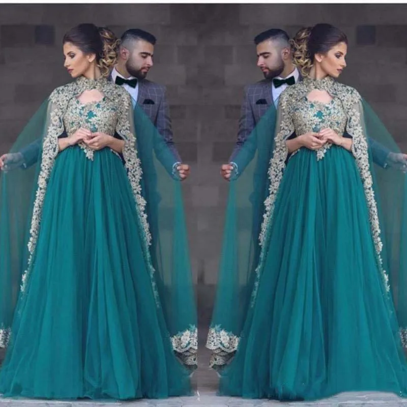 

Hunter Green Abayas Kaftan Muslim Caped Long Prom Dresses A Line High Neck Gold Lace Appliques Beaded Turkish Evening Gowns