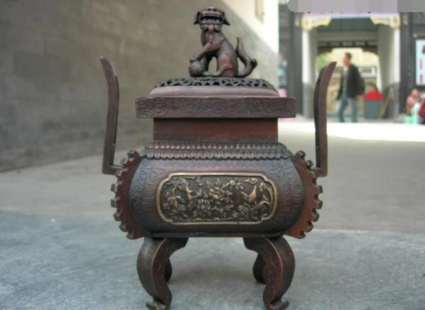 

song voge gem S1295 10 Chinese Red bronze Buddhism flower pattern Foo dog Lion incense burner censer