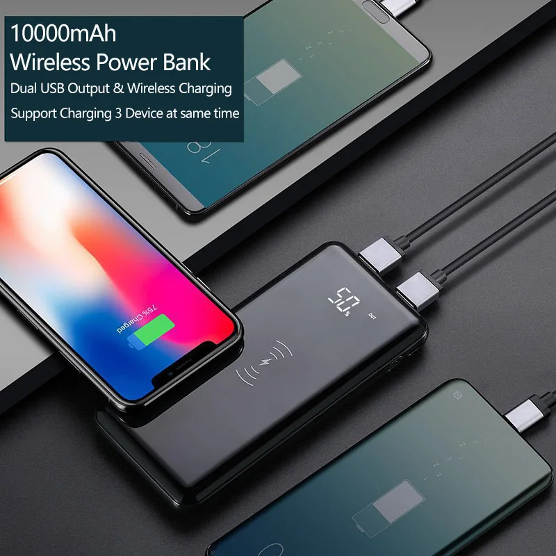 10000 mAh Qi Беспроводное зарядное устройство Внешний аккумулятор быстрая Беспроводная зарядка банк питания для iPhone Xiaomi samsung huawei