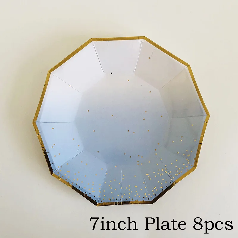7inch Plate 8pcs Градиентный цвет одноразовые наборы посуды Золотая фольга бумажная пластина чашки тематическая вечеринка детская игрушка в ванную День Рождения декоративные принадлежности для вечеринок - Цвет: 7inch Plate 8pcs