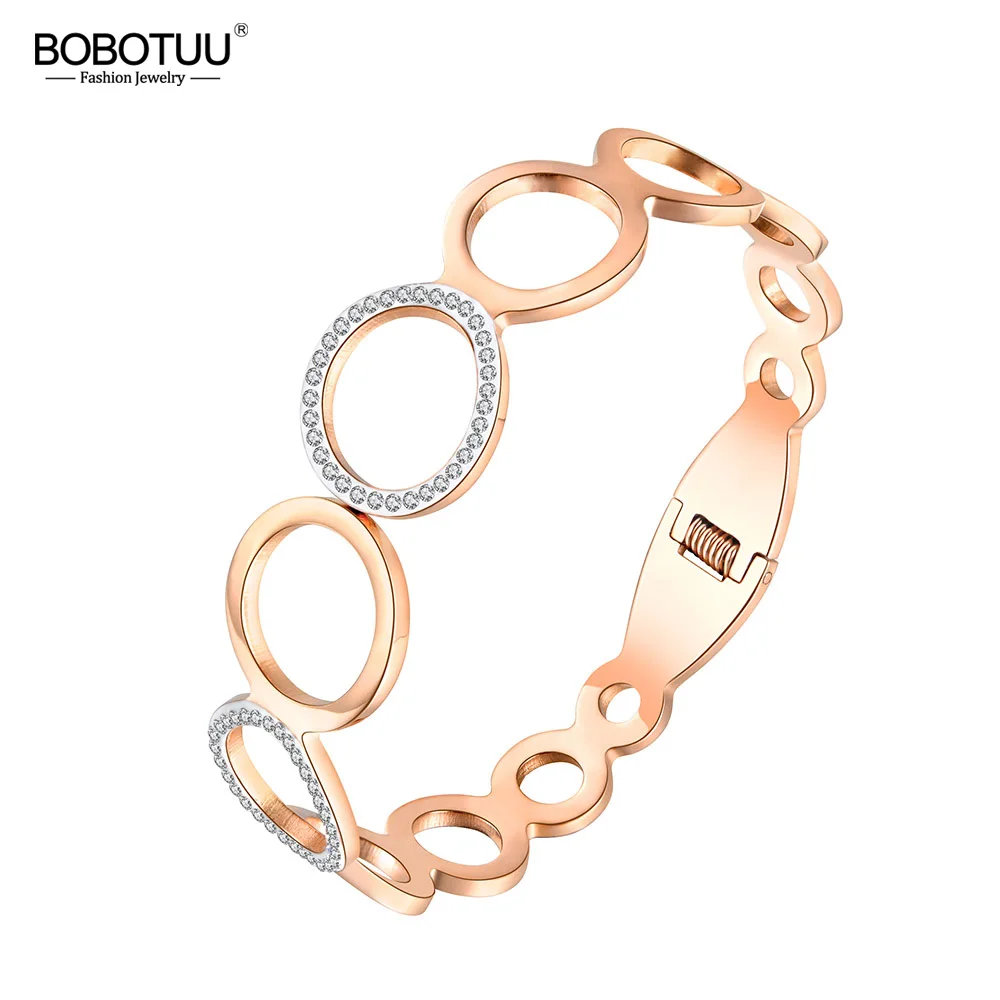 

BOBOTUU Stainless Steel Various Sizes Circles Rhinestone Cuff Bangles Bracelets Lovers Jewelry Valentine's Day Gift BB18063