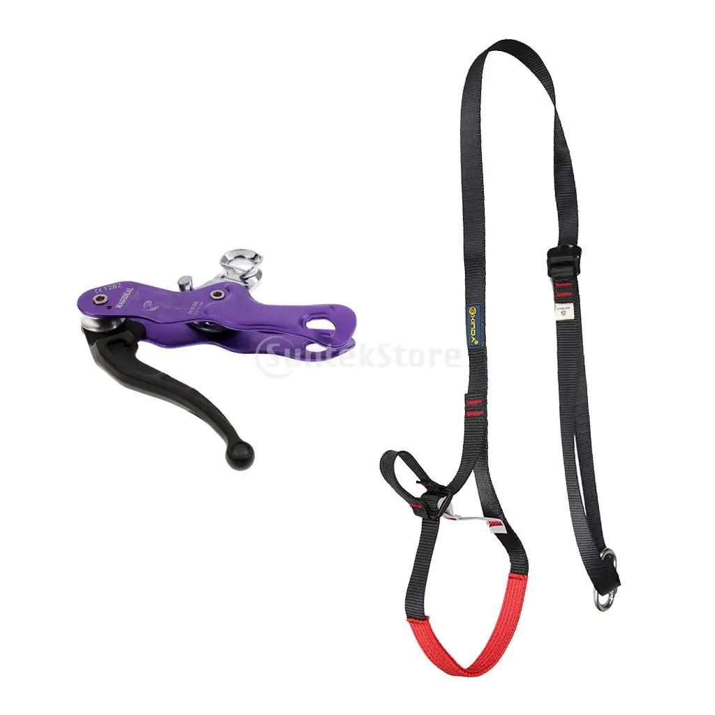 

Safety Rock Climbing Caving Self Braking Stop Descender with Adjustable Foot Loop Ascender Webbing Strap Fall Arrest Protection