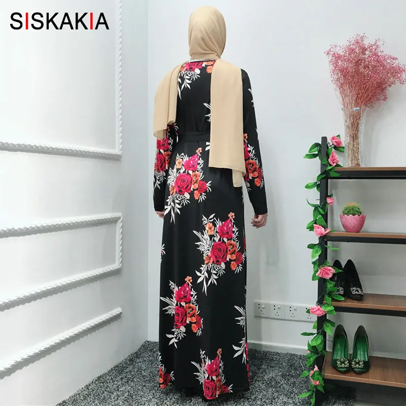 Siskakia الأسود طباعة فستان طويل مسلم الصيف 2019 الحلو عارضة ماكسي فساتين الزهور جولة الرقبة طويلة الأكمام رمضان الملابس الإمارات 