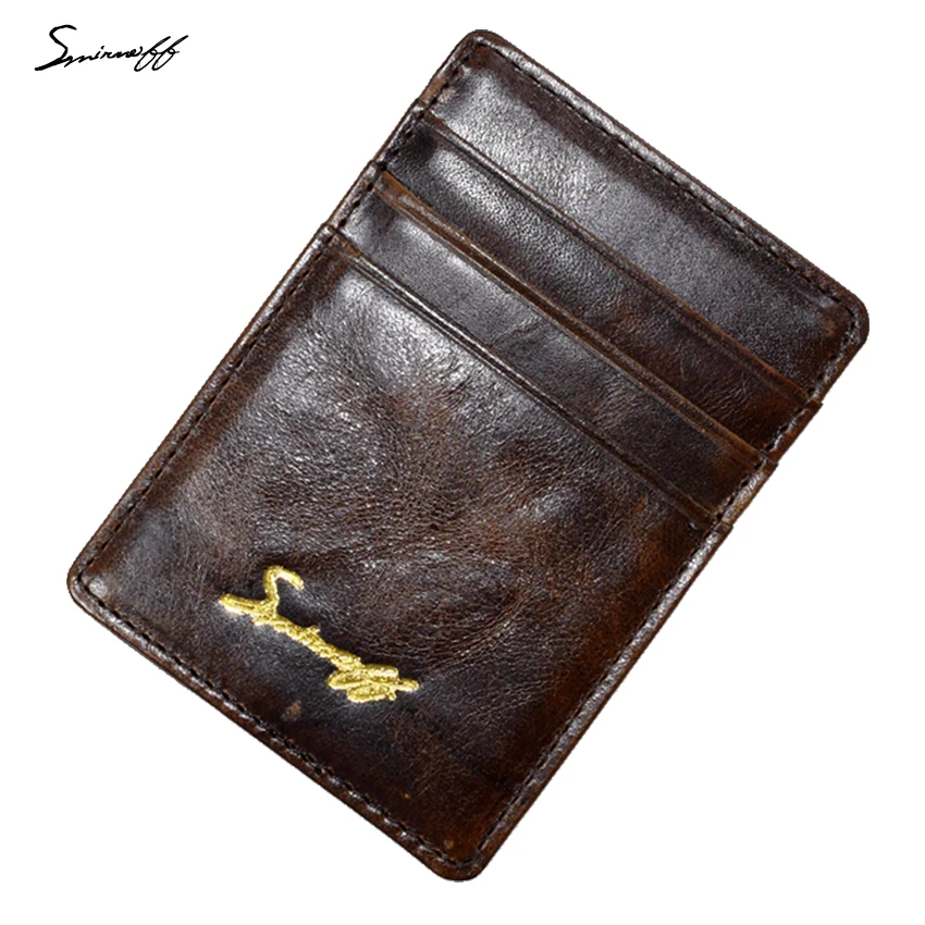 

SMIRNOFF Men Genuine Leather id Card Holder Mini Wallet Custom Name Purse Man Vintage Wallet Case to Protect Credit Cards