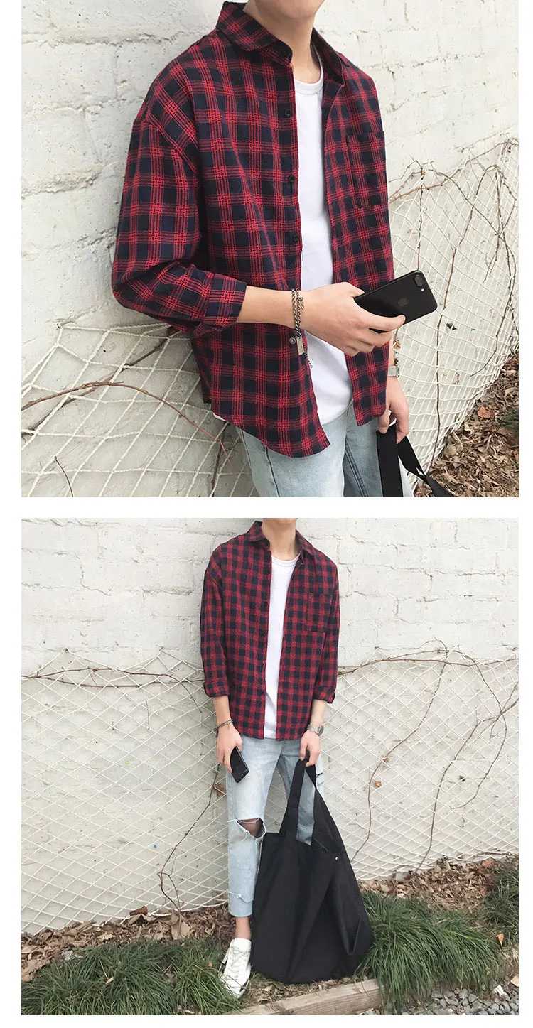 Новая хлопковая одежда в Корейском стиле модная уличная одежда весна лето осень приталенные клетчатые мужские рубашки с длинным рукавом S-3XL