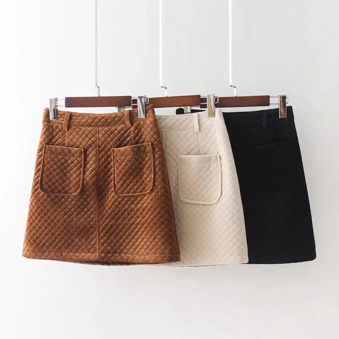 Koop 2018 Lente Nieuwe Collectie Rokken Vrouwen Match Slanke Ruit Quilten Katoen Fluwelen Mini Rok Riem Versierd Gratis Verzending