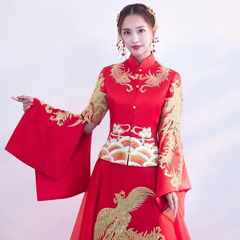 

High Quality Embroidery Phoenix Wedding Suit Qipao Vintage Novelty Cheongsam Ancient Marriage Dress Elegant Hanfu Clothing