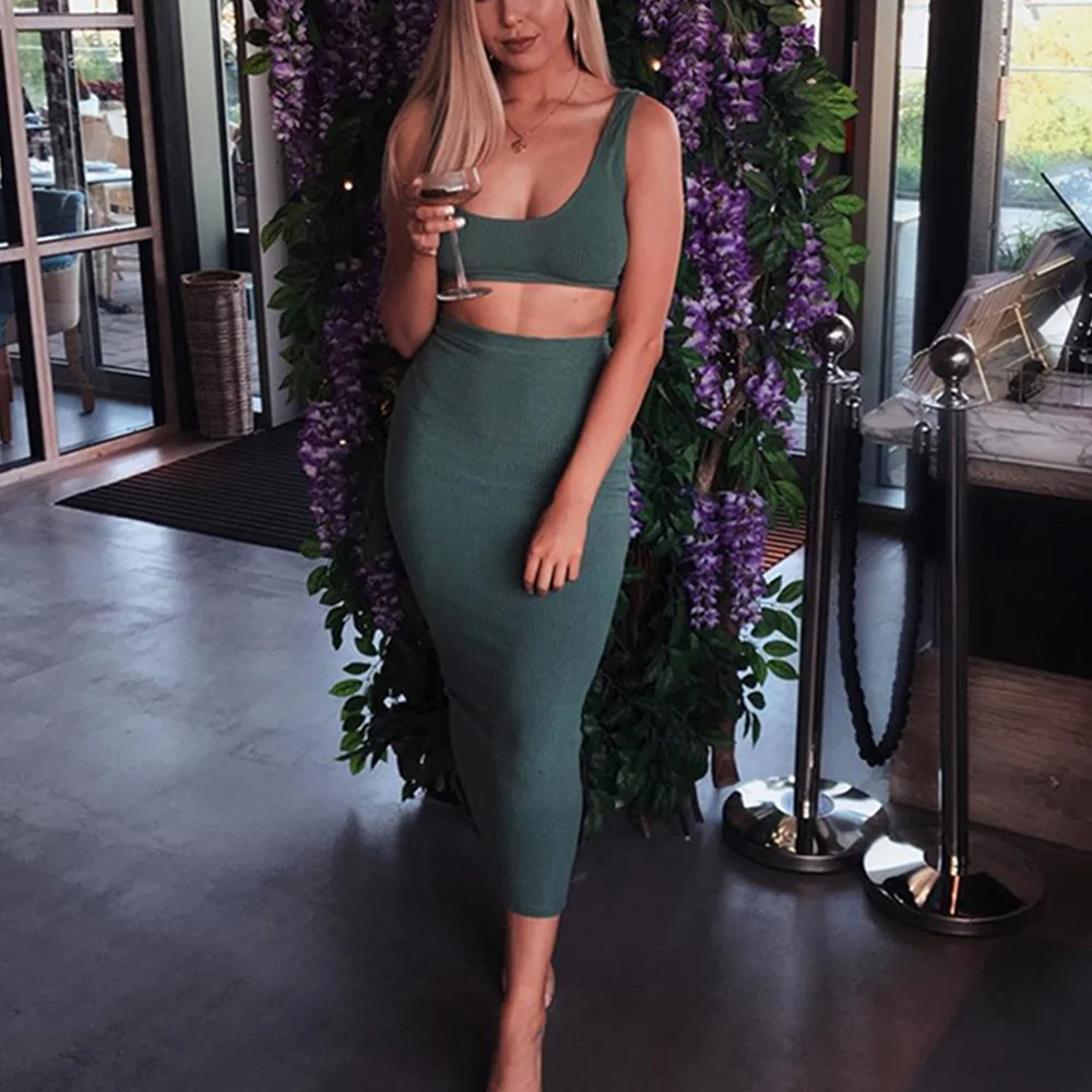 Women Dress Bodycon Summer Crop Top Spaghetti Strap Two Piece Set Vestidos High Waist Dress Evening Party Casual Dresses Woman