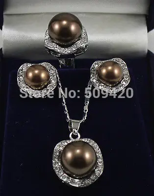 

hot sell new - fast Shipping Beautiful Chocolate shell pearl silver jewelery Pendant earrings Ring Sets