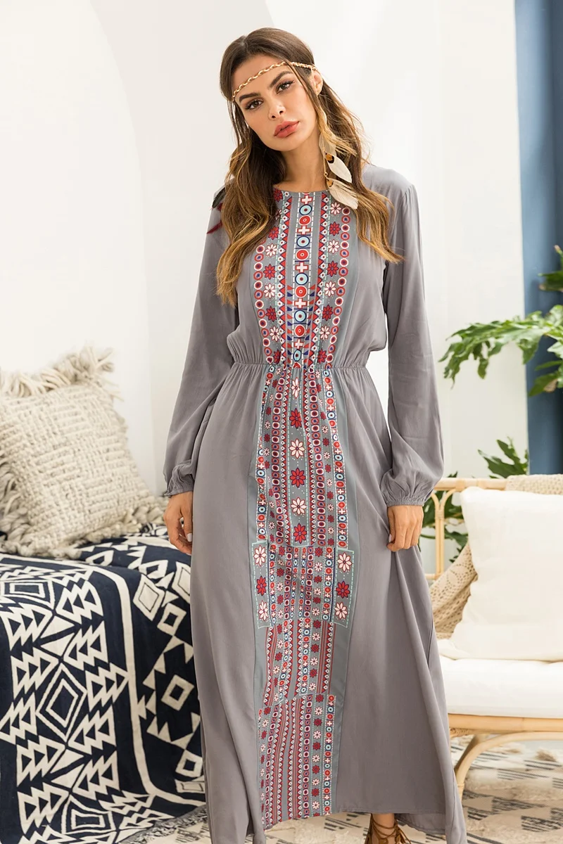 Женские платья, синее платье в народном русском стиле, цветочный принт, Индонезийская одежда, женское исламское платье с длинным рукавом TA1626