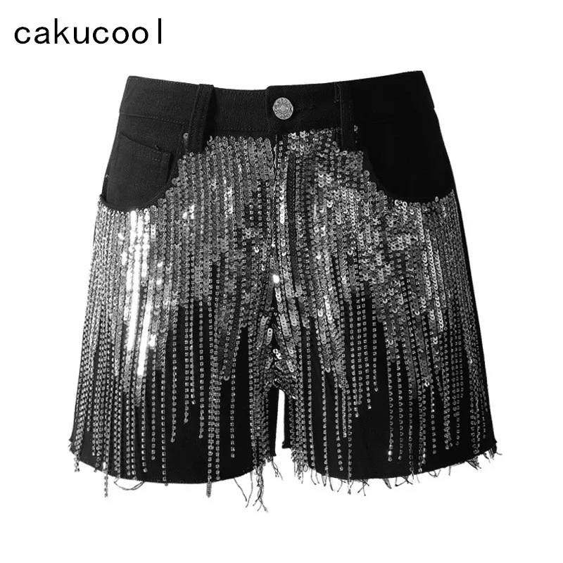 Cakucool/Новые летние женские шорты черные джинсовые серебристые расшитые блестками