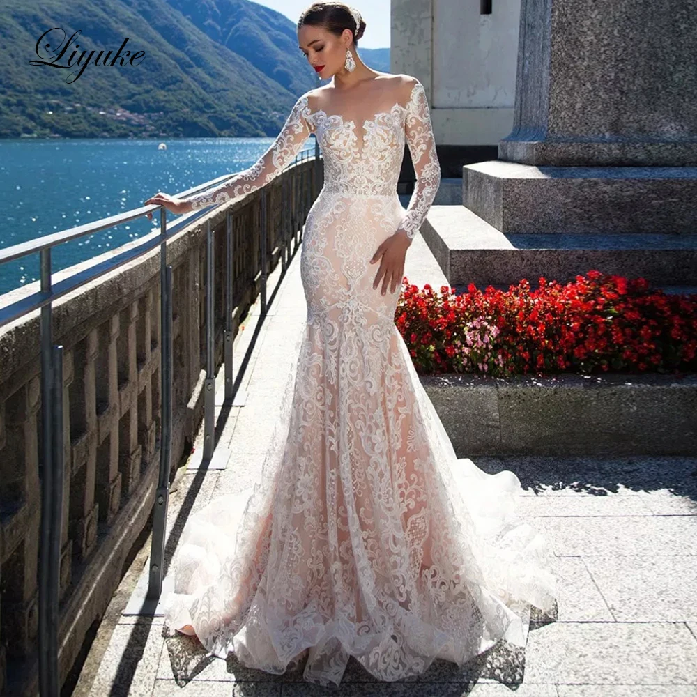 

Liyuke Scoop Neckline Of Skin Tulle Mermaid Wedding Dress Empire Design Appliques With Full Sleeve Bridal Dresses