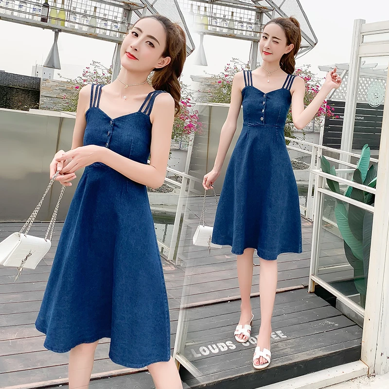 Summer Dress 2019 Women denim dress A line strapless buttons empire dresses robe femme ete sleeveless blue jeans dresses female