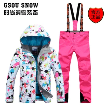 

New hot women's ski suit female snowboarding suit set ladies flower printing ski jacket and bib pants skiwear snow suit