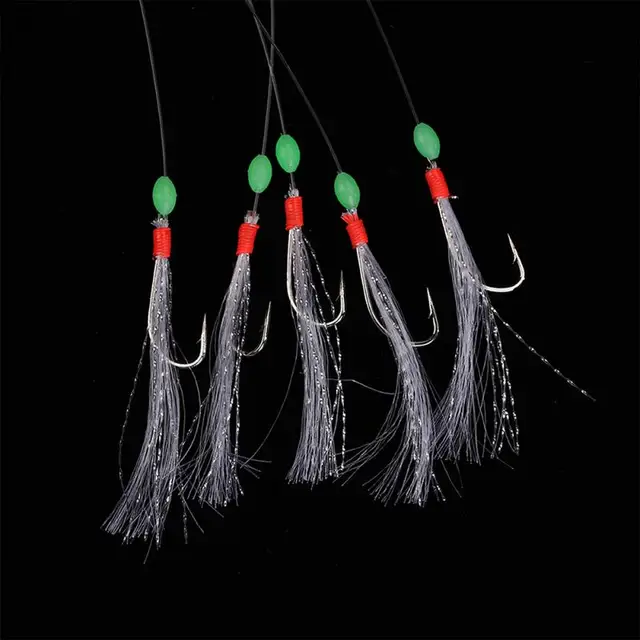 25pcs/set Carbon Steel Mackerel Feathers Bass Cod Lure Sea Fishing Luminous Fishing Hook Treble Bait Fishing Wire