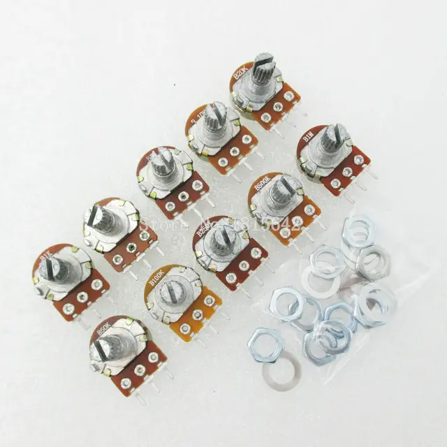 Kit de potenciómetro lineal WH148, 10 uds, Junta Única B1K 2K 5K 10K 20K 50K 100K 250K 500K ohm 1M 3pin 15mm, eje con tuerca y Washe Kit de potenciómetro lineal WH148, 10 uds, Junta Única B1K 2K 5K 10K 20K 50K 100K 250K 500K ohm 1M 3pin 15mm, eje con tuerca y Washe
