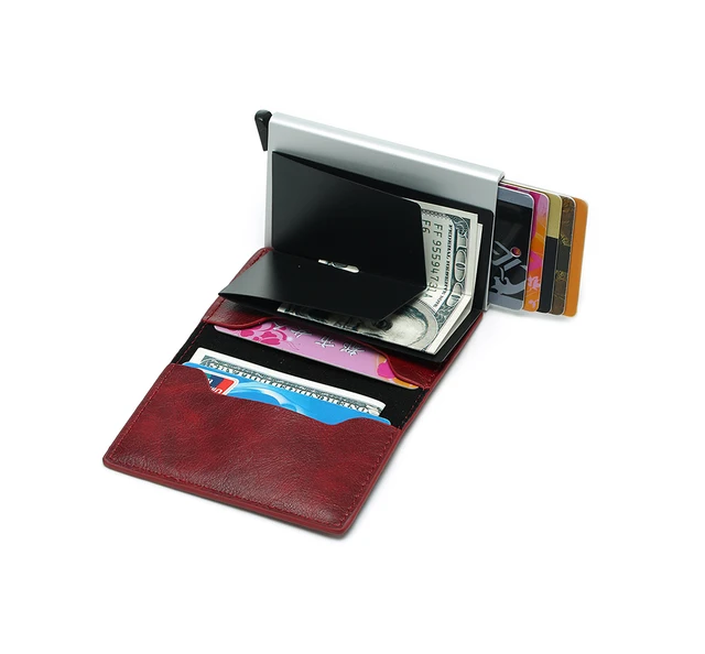 DIENQI Anti Rfid Protection Men Women Credit Card Holder Leather Vintage Slim Mini Wallet Metal Aluminum Business id Card Case -