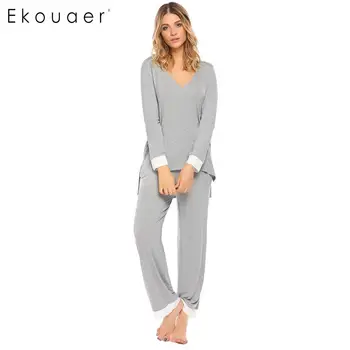 

Ekouaer Women Sleepwear Set Pajamas V-Neck Long Sleeve Patchwork Tops Elastic Waist Pants With Eye Mask Pajamas Sets Nightwear