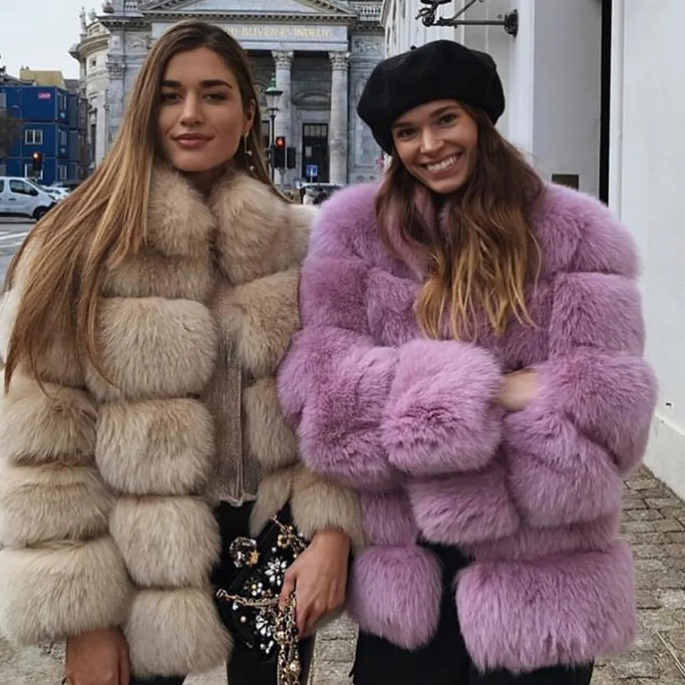 2018 Blush Pink Women's Real Fox Fur Coat Full Pelt Thick Winter Fur ...