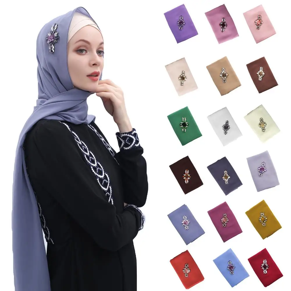 

Muslim Women Chiffon Long Prayer Hijab Scarf Islamic Headscarf Wrap Shawl Large Scarves Turban Stole Rhinestone Hijabs 180*75cm