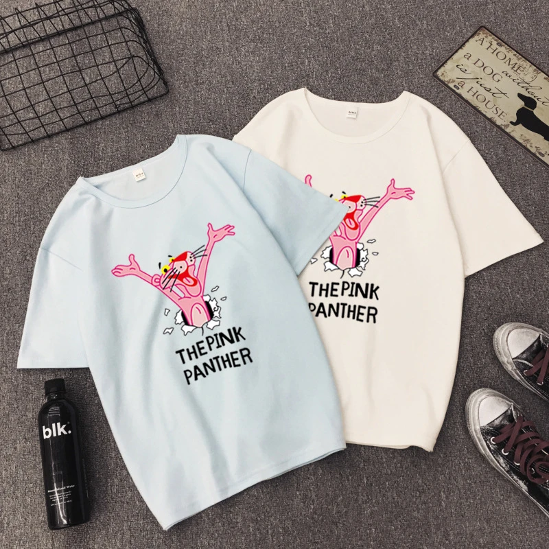 

Cute Pink Leopard Short Sleeve T-Shirt Female Student Graphic T Shirts O-Neck Cartoon Women Tshirt Leopard Top