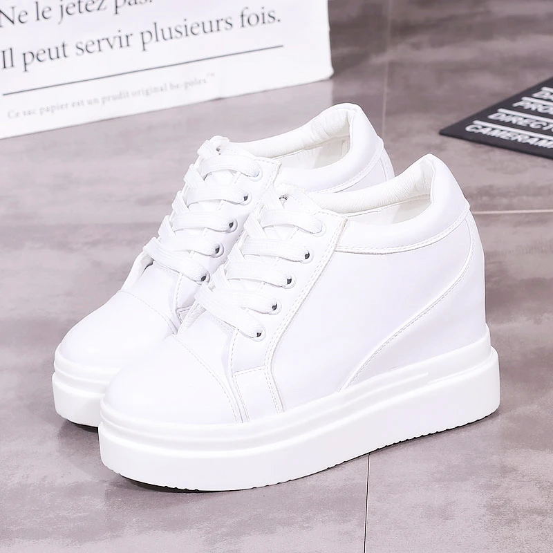 10cm Increase Flat Platform Shoes Female Thick Sole Students Casual Shoes Woman Flats Lace Up Solid White Black Women Shoes