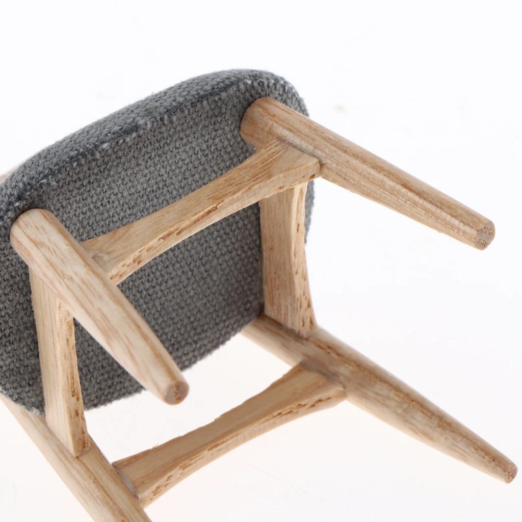 Miniature Dollhouse Furniture Wooden Dining Chair in Gray Fabric, 1/12 Scale