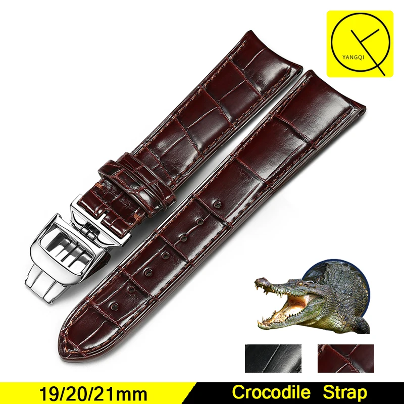 Crocodile Skin Strap 19mm 20mm 21mm Watchband for Jaeger Man Watch MASTER Curved End Watchstrap Butterfly Buckle Accessories