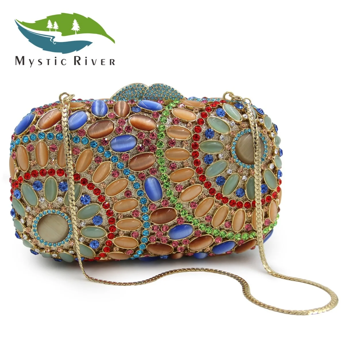

Mystic River Women Luxury Crystal Flower Evening Bags Wedding Clutches Party Purse Yellow Agate Eveningbag Chain Gold