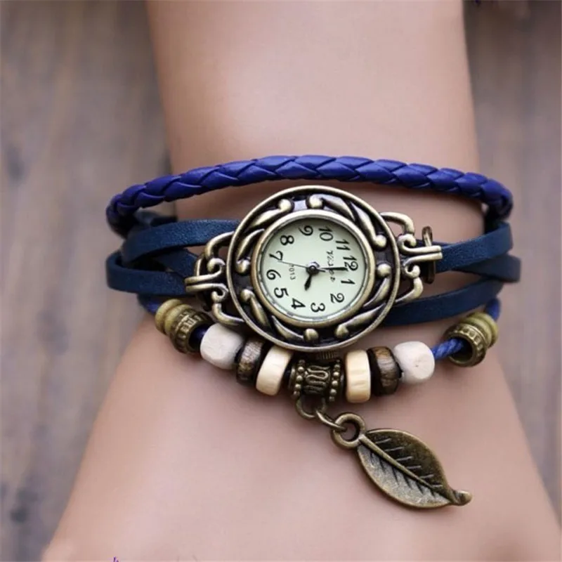 

New Hot Sale Gifts Women Watches Luxury Fashion Weave Wrap Around Bracelet Lady dress Womans leather Leaf Beads Wrist Watch 30X