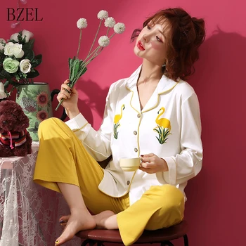 

BZEL Women Autumn Spring Pajamas Sets Cotton Women Sleepwear Cartoon Flamingo Long Pants Casual Ladies Homewear Pijamas Femme