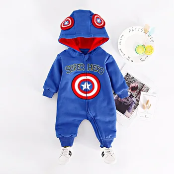 

Baby Rompers Baby Boy Clothes Thickened Flannel Hooded Captain America Spiderman Batman Jumpsuits with Zipper for Newborn Infant