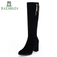 ZALAVOR/Размеры 33-42, женские сапоги до колена на толстом высоком каблуке женские зимние сапоги на молнии с металлическим украшением, с острым носком, с теплым мехом внутри